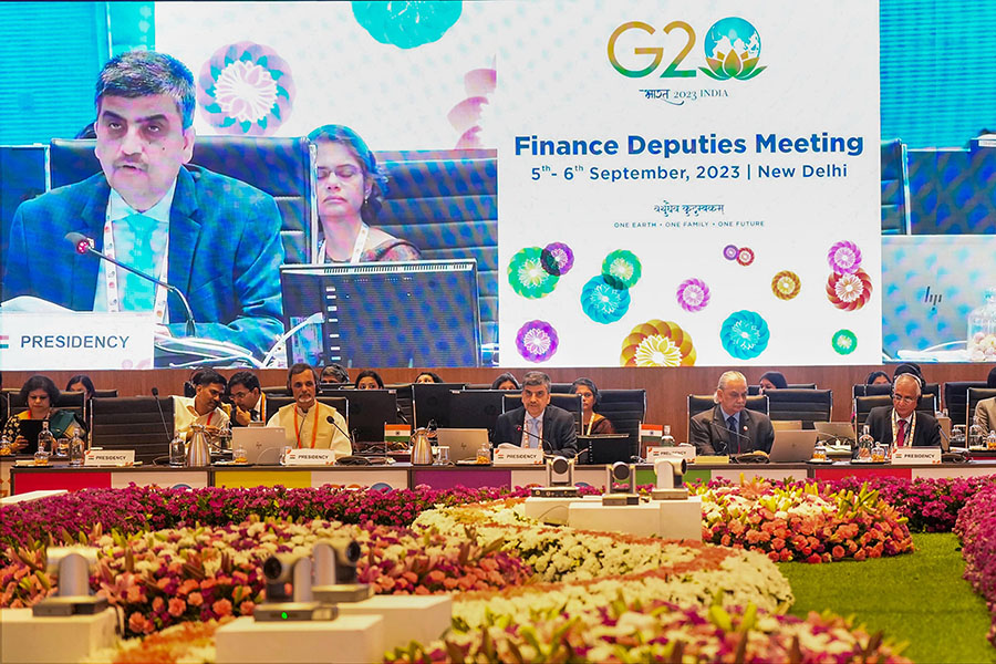 Department of Economic Affairs (DEA), Ministry of Finance, Secretary Ajay Seth (right) speaks during the G20 Pre-Summit Finance and Central Bank Deputies Meeting, in New Delhi, Tuesday, Sept. 5, 2023. Chief Economic Advisor V Anantha Nageswaran is also seen. (PTI Photo/Manvender Vashist Lav)