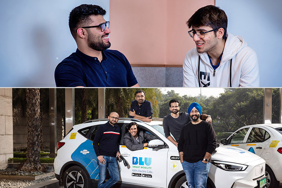 (Top) (L-R) Kaivalya Vohra, CTO, Aadit Palicha, CEO, Zepto. (Bottom) Anmol Singh Jaggi, CEO; Punit Goyal, Co-Founder; Tushar Garg, Chief Business Officer; Anirudh Arun, COO; Rishabh Sood, CTO, BluSmart. Image: (BluSmart): Madhu Kapparath