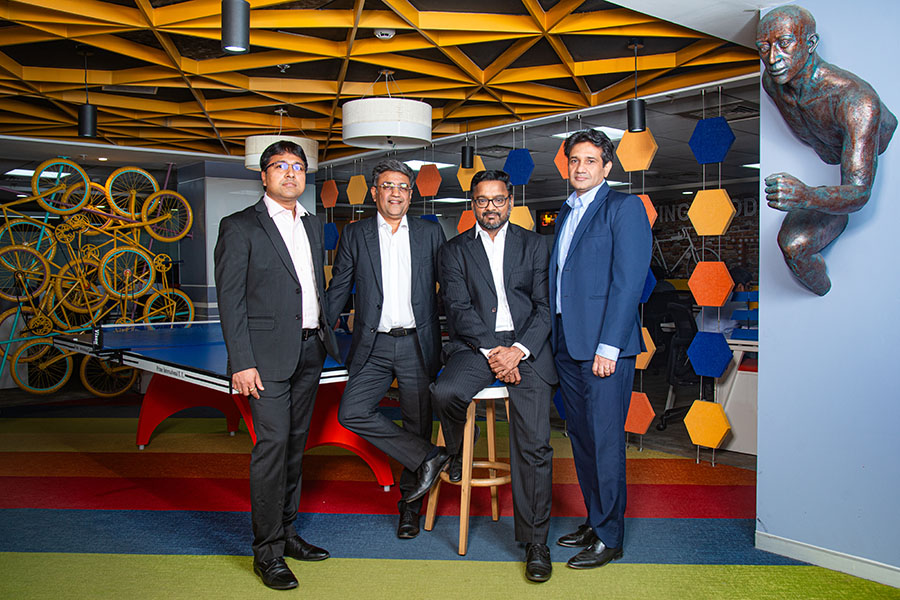 
(From left) Pankaj Poddar chief risk officer, Aseem Dhru, MD & CEO, Narayan Barasia, CFO, and Mahesh Dayani, chief business officer of SBFC
Image: Bajirao Pawar for Forbes India