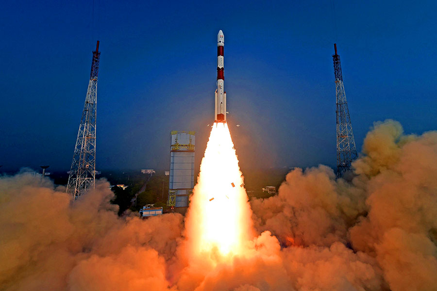 This handout photo taken and released by Indian Space Research Organisation (ISRO) on January 1, 2024, shows the lifting-off the PSLV-C58 rocket carrying the X-Ray Polarimeter Satellite (XPoSat) from the Satish Dhawan Space Centre in Sriharikota. Image: Indian Space Research Organisation (ISRO) / AFP
