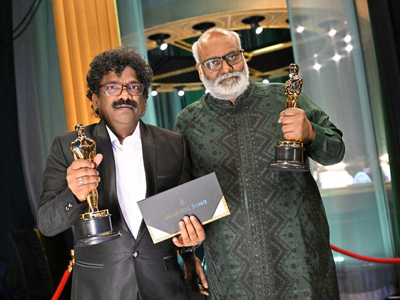 Indian lyricist Chanrabose and Indian musical composer MM Keeravaani hold the Oscar for Best Music (Original Song) for their song 