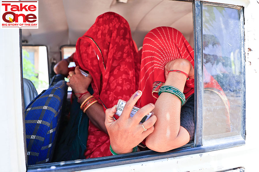 Women are displaying their fingers marked with indelible ink after voting in the first phase of the Lok Sabha elections in Mahar Khurd Village, Jaipur, Rajasthan, India, on April 19, 2024.
Image: Vishal Bhatnagar/NurPhoto via Getty Images 