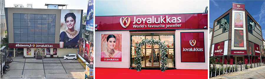 From left: Joyalukkas stores in Vijayawada, the UK and Malaysia