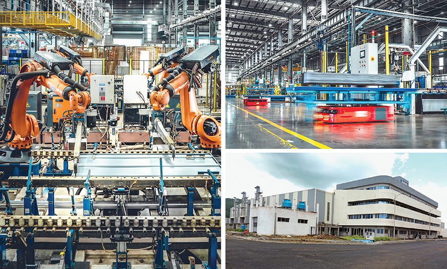 (From left): Godrej Interio’s robotic welding line, autonomous guided vehicle and greenfield manufacturing plant at the Khalapur campus of GEG, which also houses its aerospace and other manufacturing plants