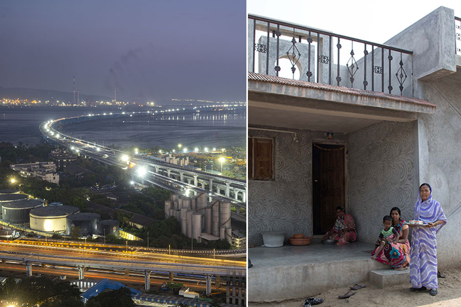 (from left)  A view of the Mumbai Trans Harbour Link in Mumbai, India; A new house at Vari village, Maharashtra. Images: Shutterstock and Satish Bate/HT via Getty Images