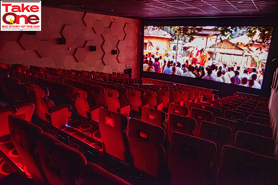  A film being screened in a sparsely occupied cinema hall, shot on location at Miraj Cinema's screen, Goregaon, Mumbai. Image: Hemal Patel for Forbes India