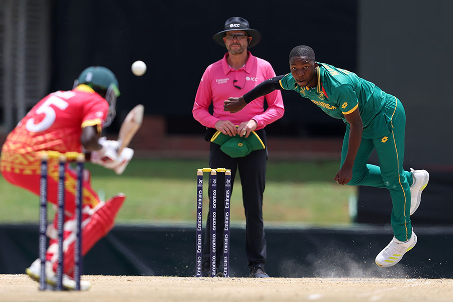 Kwena Maphaka of South Africa bowls at Ryan Simbi of Zimbabwe during the ICC U19 Men's Cricket World Cup South Africa 2024 Super Six match between Zimbabwe and South Africa at JB Marks Oval on January 31, 2024 in Potchefstroom, South Africa.
Image: Michael Steele-ICC/ICC via Getty Images