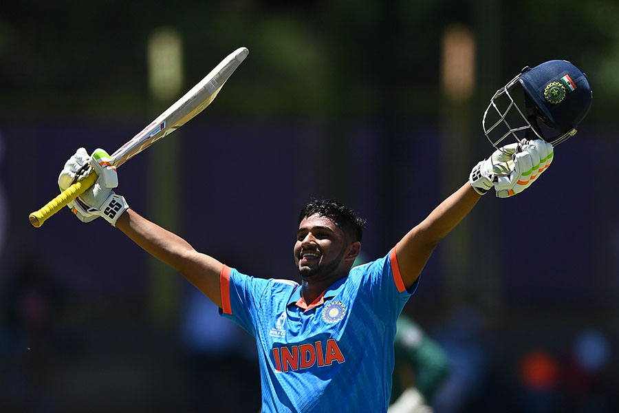 Musheer Khan of India celebrates their century during the ICC U19 Men's Cricket World Cup South Africa 2024 match between India and Ireland at Mangaung Oval on January 25, 2024 in Bloemfontein, South Africa.
Image: Alex Davidson-ICC/ICC via Getty Images
