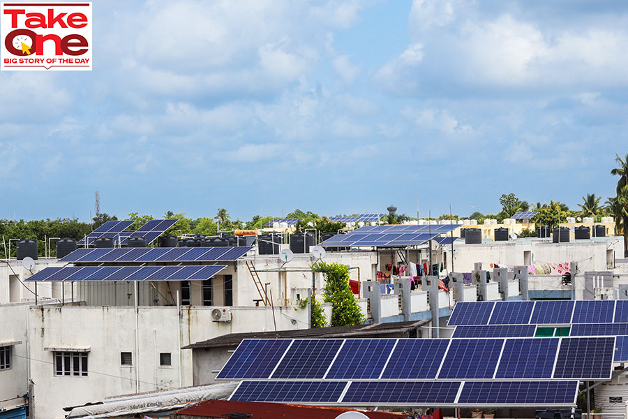 Solar panel system for the domestic use of Solar Electricity in Bilimora, Gujarat. Image: Shutterstock