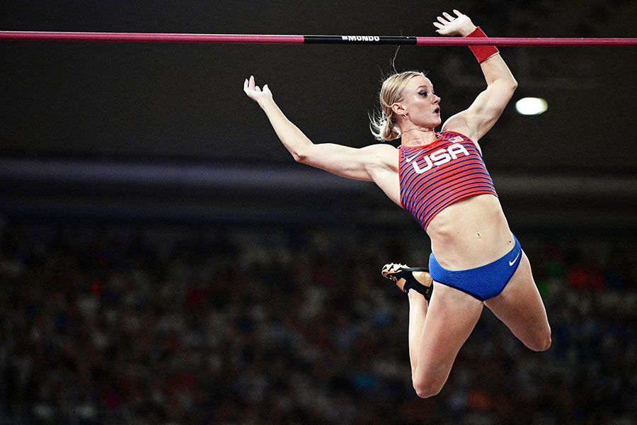 (File) USA's Katie Moon competes in the women's pole vault final during the World Athletics Championships at the National Athletics Centre in Budapest on August 23, 2023. Image: Ben Stansall / AFP