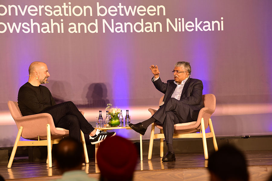 L to R: Uber’s global CEO Dara Khosrowshahi spoke with Infosys Chairman, Nandan Nilekani on the subject of ‘Building Population Scale Technology. Image: Hemant Mishra for Forbes India
