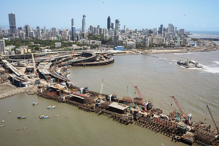 Aerial view of under construction of Coastal Road Project at Haji Ali in Mumbai, India. Image: Anshuman Poyrekar/Hindustan Times via Getty Images