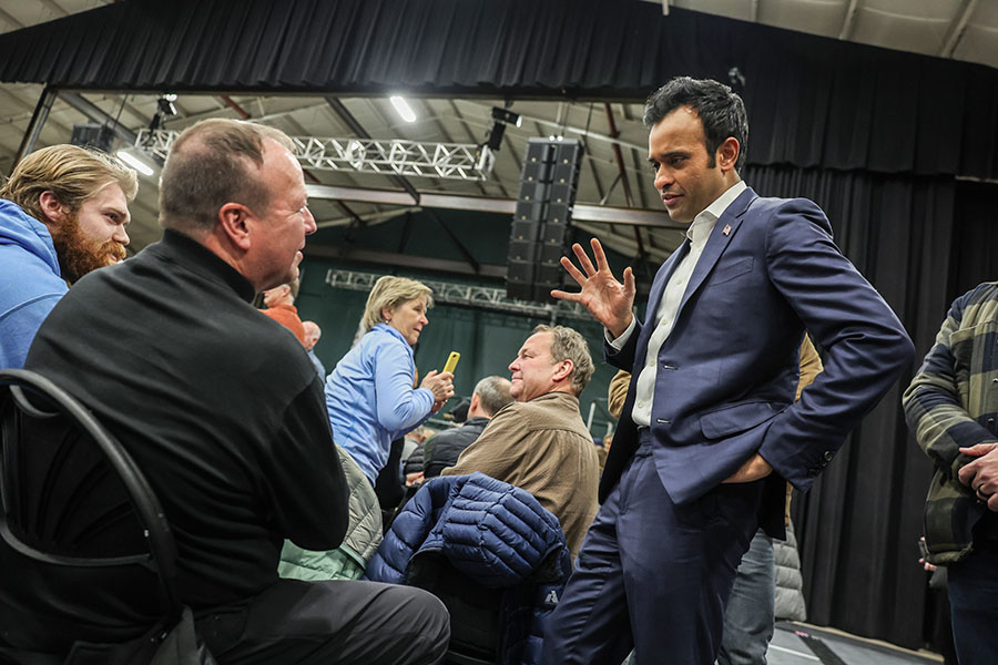 Republican presidential candidate businessman Vivek Ramaswamy greets voters during a visit to a caucus site at the Horizon Event Center on January 15, 2024 in Des Moines, Iowa. Iowans vote today in the state’s caucuses for the first contest in the 2024 Republican presidential nominating process. Image:  Kevin Dietsch/Getty Images 