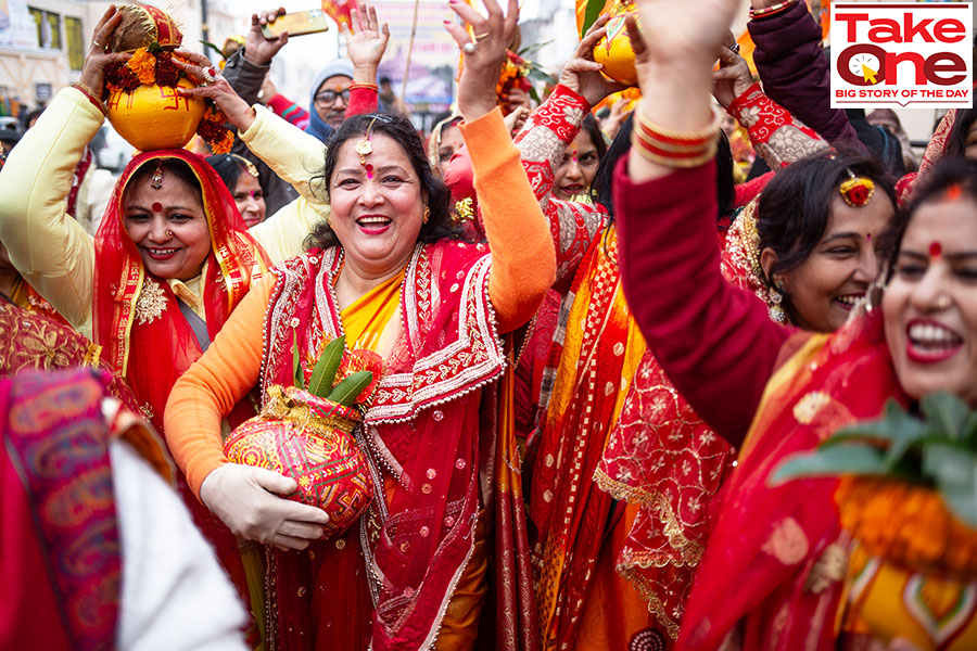 	Women engaged in preparation and celebration ahead of the Ram Temple inauguration in Ayodhya. Image: Madhu Kapparath