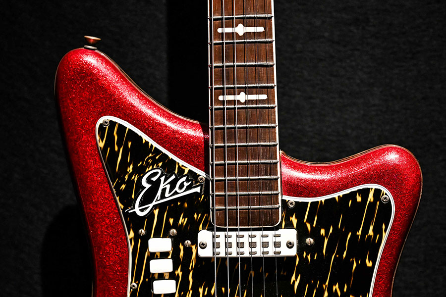 An Eko Music Group Ranatai Italy Circa 1968 guitar is displayed during the pre-sale exhibition of guitars from the personal collection of British singer and guitarist Mark Knopfler at Christie’s auction house in London, on January 26, 2024.
Image: Ben Stansall / AFP©