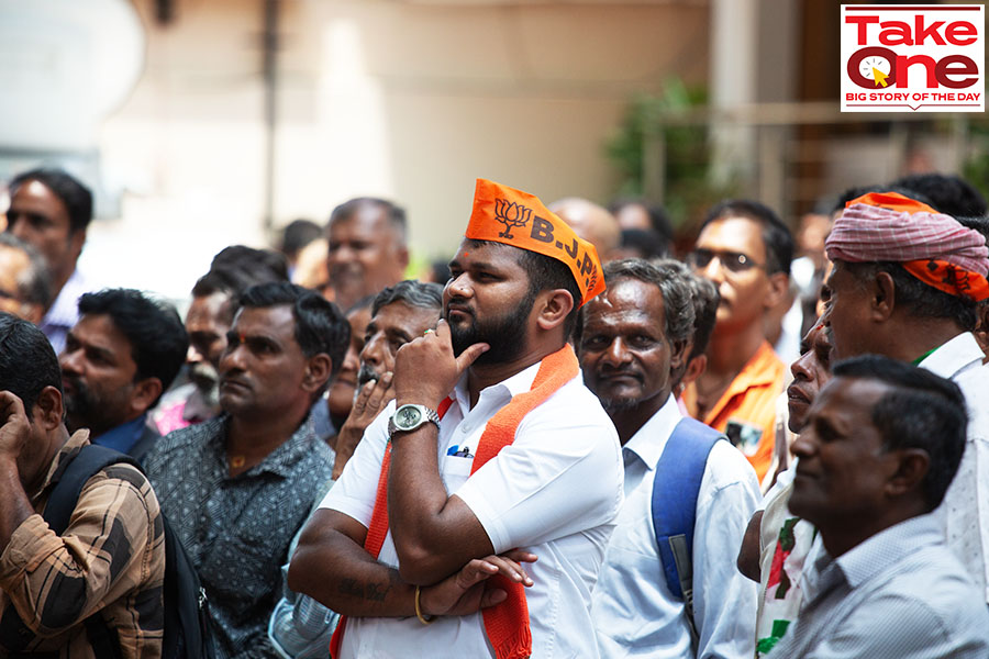 Supporters of the Bharatiya Janata Party (BJP) react as they watch a giant screen telecasting election results live on June 04, 2024 in Bengaluru, India.  
Image: Abhishek Chinnappa/Getty Images 