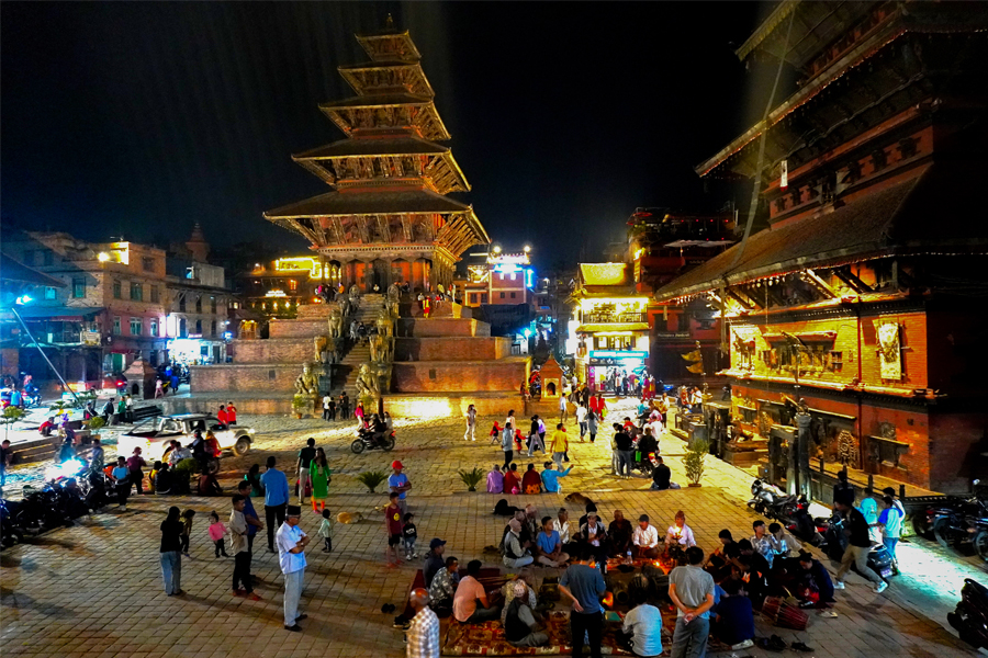 Taumudhi Square with the Nyatapola temple comes alive at night. Image: Kalpana Sunder