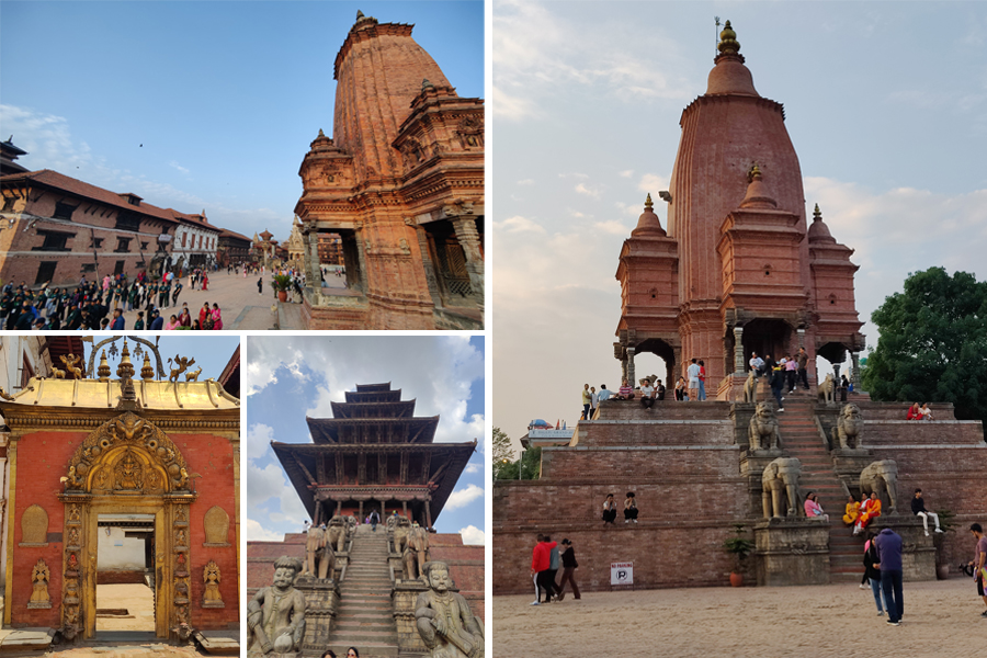 Clockwise The Durbar square in Bhaktapur. the golden gate set into a red gatehouse, constructed by the last Malla king King Ranjit Malla, with intricate carvings, symbols and inscriptions depicting Hindu mythology and legends. leads to the Taleju temple in Bhaktapur. The iconic Nyatapola Pagoda temple in Taumadhi Square. Image: Kalpana Sunder