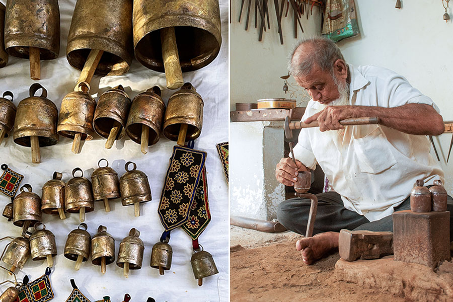 On the left - samples of Rogan art in Nirona Village. On the right - Artist Abdul Gafur shows us a variety of pre-painted Rogan designs.