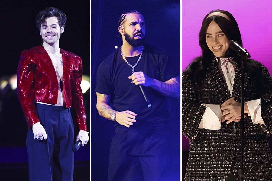 (From left)Harry Styles, Drake and Billie Eilish. Hip-hop could be the musical genre most conducive to attentive driving, according to a British study.
Image: Getty Images