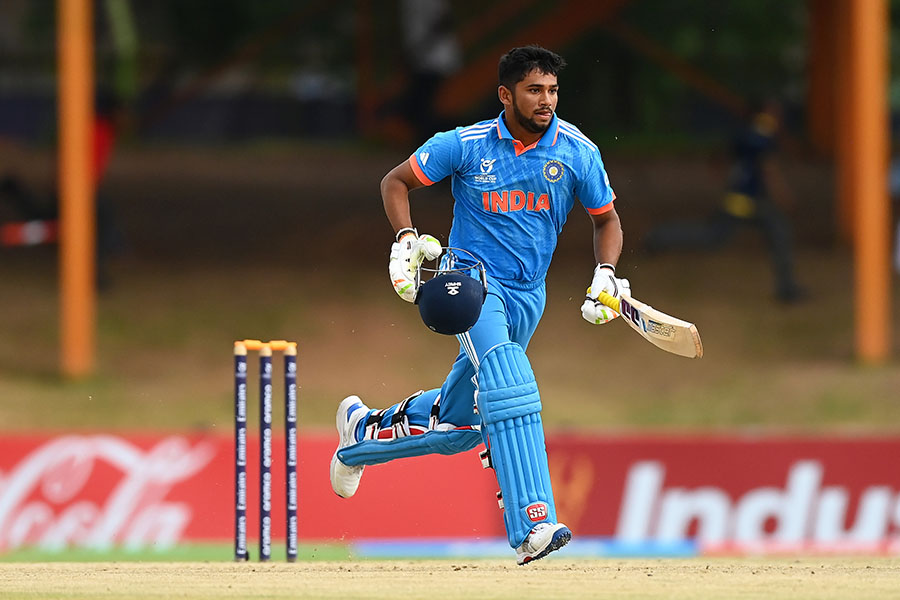 (File) Musheer Khan of India makes runs during the ICC U19 Men's Cricket World Cup South Africa 2024 Super Six match between India and Nepal at Mangaung Oval on February 02, 2024 in Bloemfontein, South Africa.
Image: Alex Davidson-ICC/ICC via Getty Images 