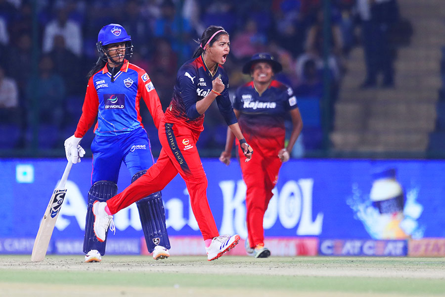 Shreyanka Patil of Royal Challengers Bangalore celebrates the wicket of  Meg Lanning (c) of Delhi Capitals during the WIPL match between Delhi Capitals and Royal Challengers at Arun Jaitley Stadium on March 10, 2024 in Delhi, India. Image: Pankaj Nangia/Getty Images 