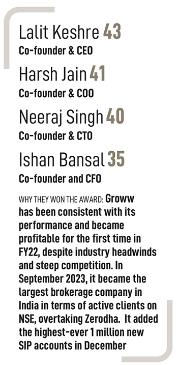 
(From left): Harsh Jain, Lalit Keshre, Ishan Bansal and Neeraj Singh, co-founders, Groww
Image: Nishant Ratnakar for Forbes India