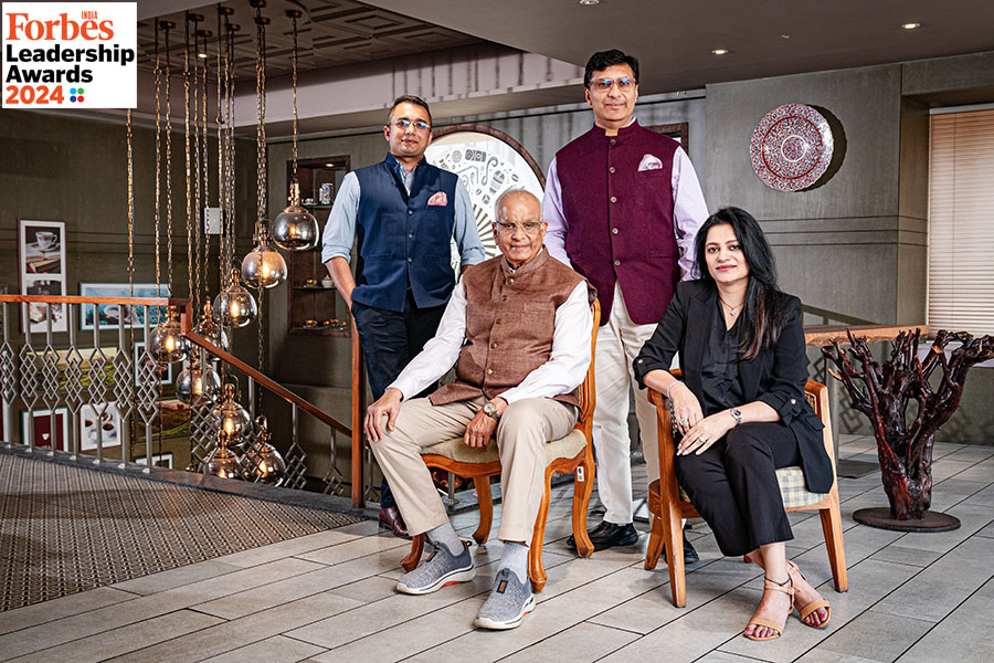 (From left) Priyam Parikh, whole-time director, Rasesh Desai, vice chairman and managing director, Paras Desai, executive director, Vidisha Parag Desai, director, Wagh Bakri Tea Group
Image: Mexy Xavier