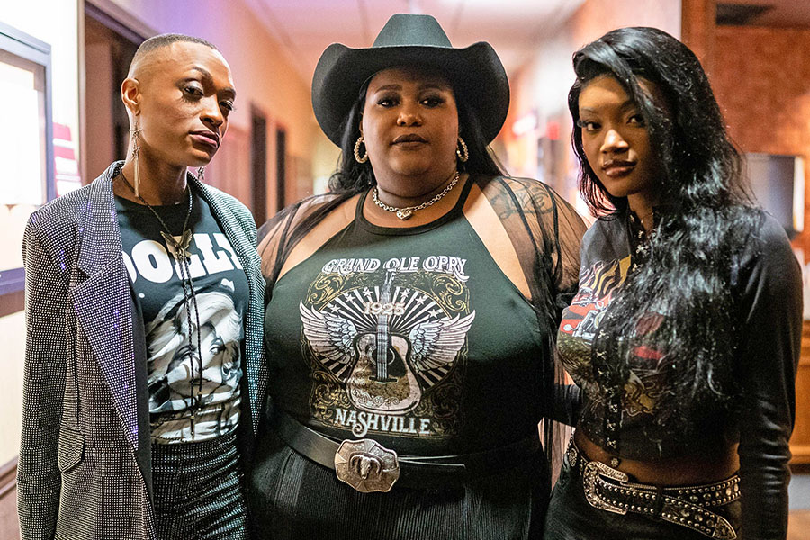 Trea Swindle, Danica Hart, and Devynn Hart of Chapel Hart stand for a portrait before their performance at The Grand Ole Opry in Nashville, Tennessee, on March 14, 2024.
Image: Seth Herald / AFP 