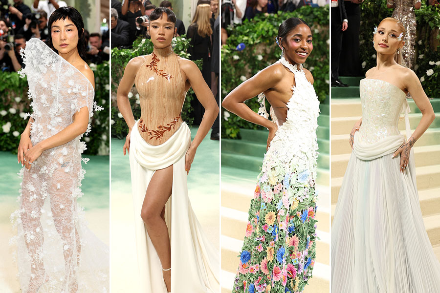 (L-R) Greta Lee, Taylor Russell, Ayo Edebiri, and Ariana Grande, all wearing Loewe couture. Images: AFP