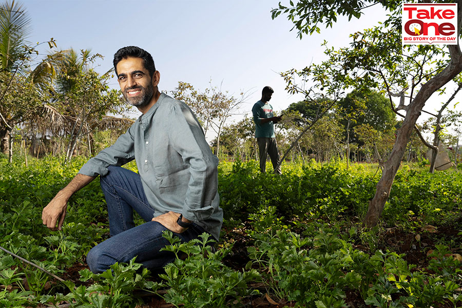 Atul Satija, founder & CEO of The/Nudge Institute, at a farm near Bengaluru, where one of the non-profits from their accelerator programme, Gramhal, is helping farmers leverage technology for sustainable agriculture. Image: Selvaprakash Lakshmanan for Forbes India