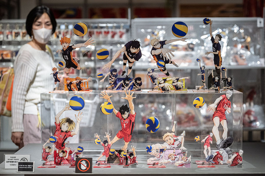 Products displayed at a pop-up store for the Japanese volleyball manga series 