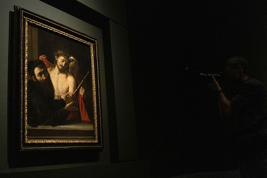 A painting by Italian master Caravaggio entitled 'Ecce Homo' is pictured at the Prado museum in Madrid, on May 27, 2024. Credit: Photography PIERRE-PHILIPPE MARCOU / AFP
