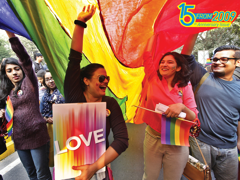 
LGBT rights activists and supporters take part in the Delhi Queer Pride March in November 2015
Image: Raj K Raj/Hindustan Times Via Getty Images